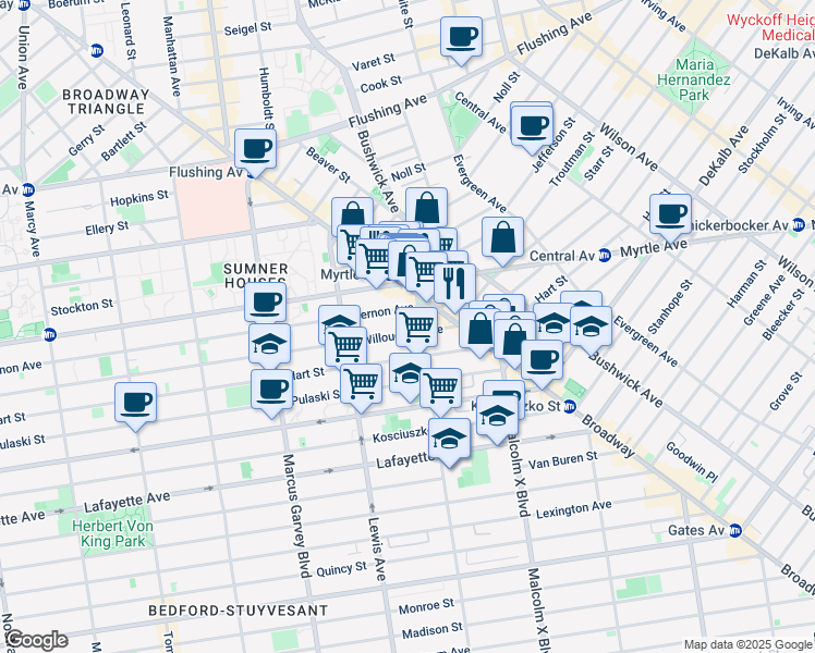 map of restaurants, bars, coffee shops, grocery stores, and more near 385 Hart Street in Brooklyn