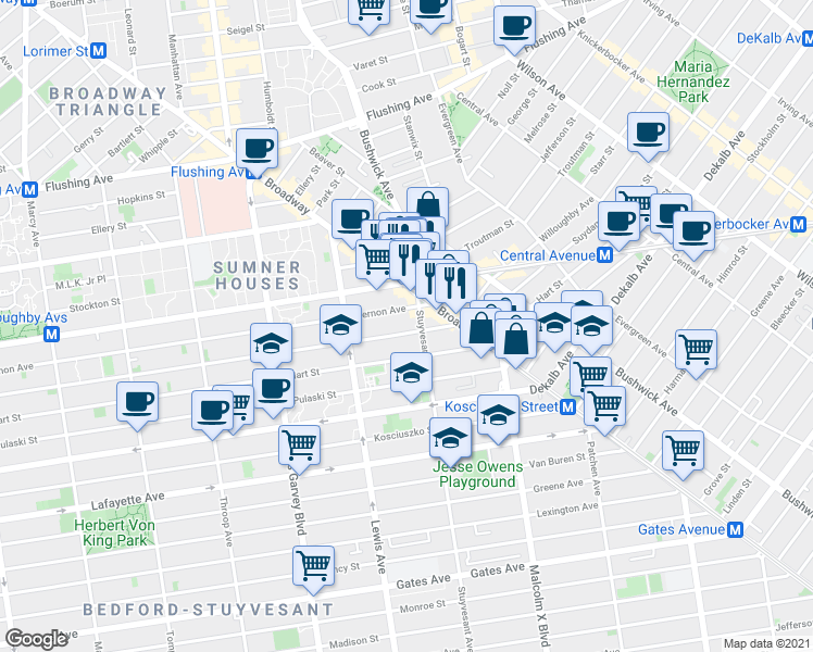 map of restaurants, bars, coffee shops, grocery stores, and more near 385 Hart Street in Brooklyn