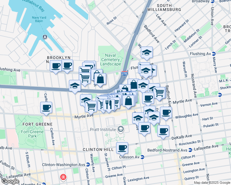 map of restaurants, bars, coffee shops, grocery stores, and more near 84 Steuben Street in Brooklyn