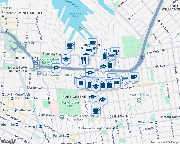 map of restaurants, bars, coffee shops, grocery stores, and more near 89 Clermont Avenue in Brooklyn
