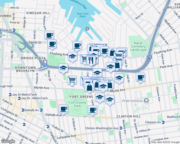 map of restaurants, bars, coffee shops, grocery stores, and more near 94 Adelphi Street in Brooklyn