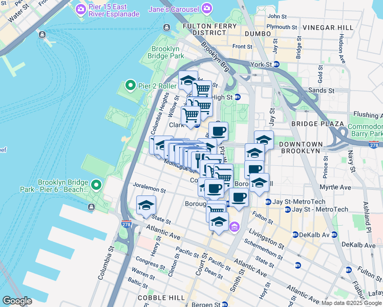 map of restaurants, bars, coffee shops, grocery stores, and more near 130 Montague Street in Brooklyn