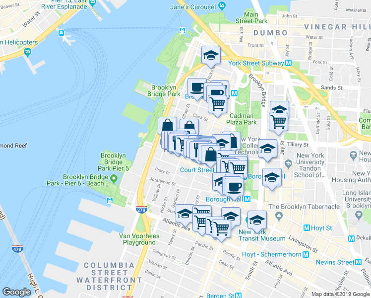 map of restaurants, bars, coffee shops, grocery stores, and more near 117 Montague Street in Brooklyn