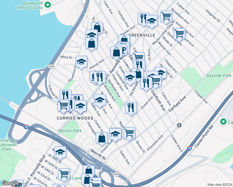 map of restaurants, bars, coffee shops, grocery stores, and more near 68 Bartholdi Avenue in Jersey City