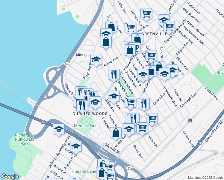 map of restaurants, bars, coffee shops, grocery stores, and more near 213 Seaview Avenue in Jersey City