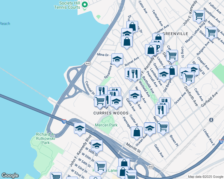 map of restaurants, bars, coffee shops, grocery stores, and more near 146 Pamrapo Avenue in Jersey City