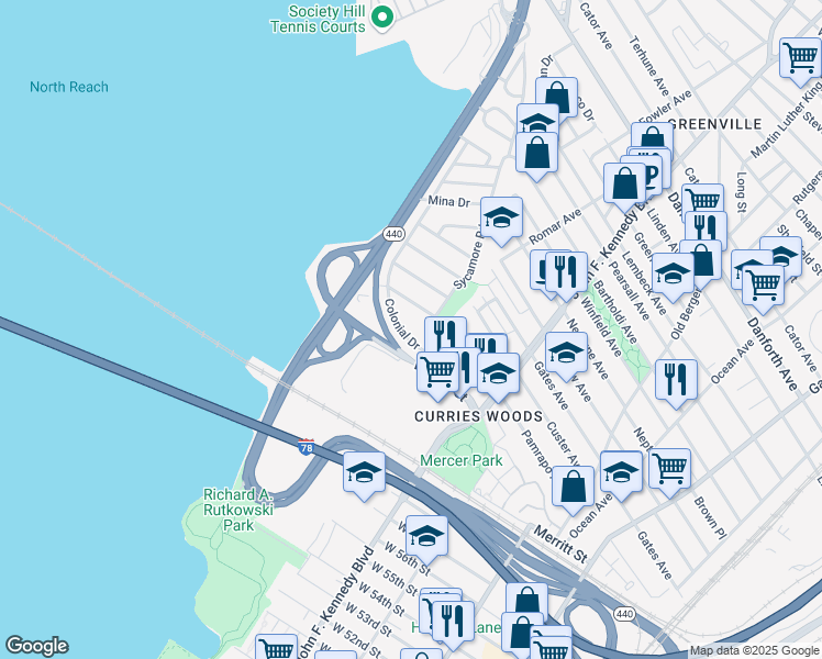 map of restaurants, bars, coffee shops, grocery stores, and more near 9 Colonial Drive in Bayonne