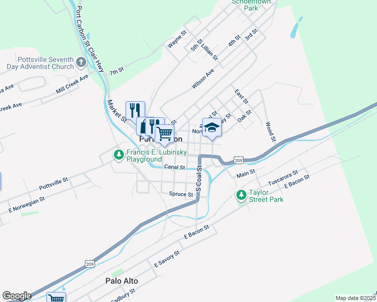 map of restaurants, bars, coffee shops, grocery stores, and more near 124 Canal Street in Port Carbon