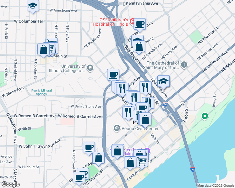map of restaurants, bars, coffee shops, grocery stores, and more near 607 Main Street in Peoria