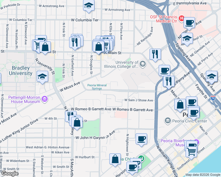 map of restaurants, bars, coffee shops, grocery stores, and more near 601 West Romeo B Garrett Avenue in Peoria