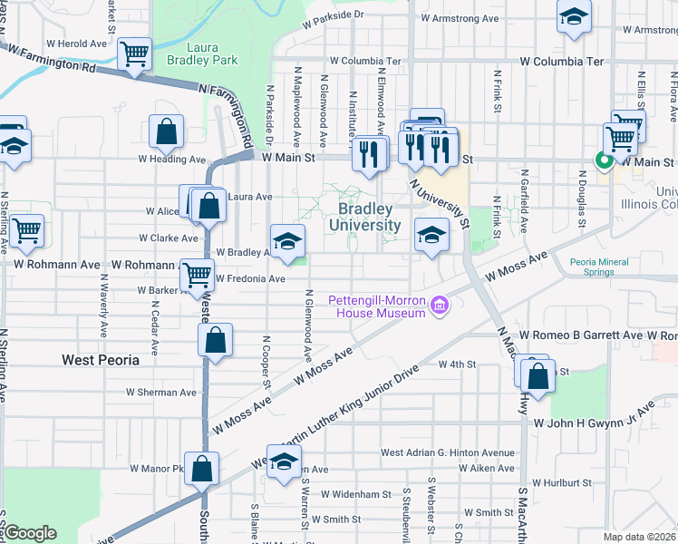 map of restaurants, bars, coffee shops, grocery stores, and more near 650-698 North Institute Place in Peoria