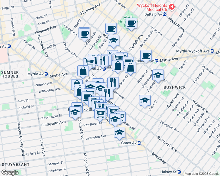 map of restaurants, bars, coffee shops, grocery stores, and more near Evergreen Ave & Stockholm St in Brooklyn