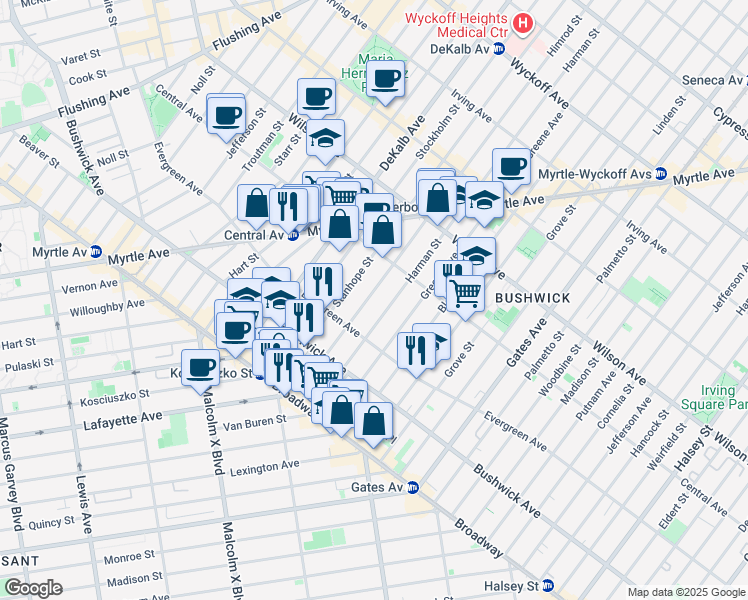 map of restaurants, bars, coffee shops, grocery stores, and more near 78 Himrod Street in Brooklyn