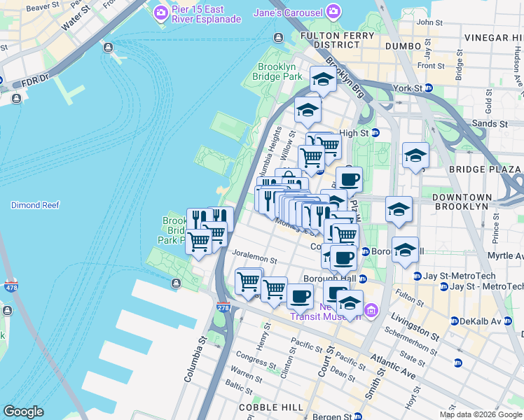 map of restaurants, bars, coffee shops, grocery stores, and more near 63 Montague Street in Brooklyn