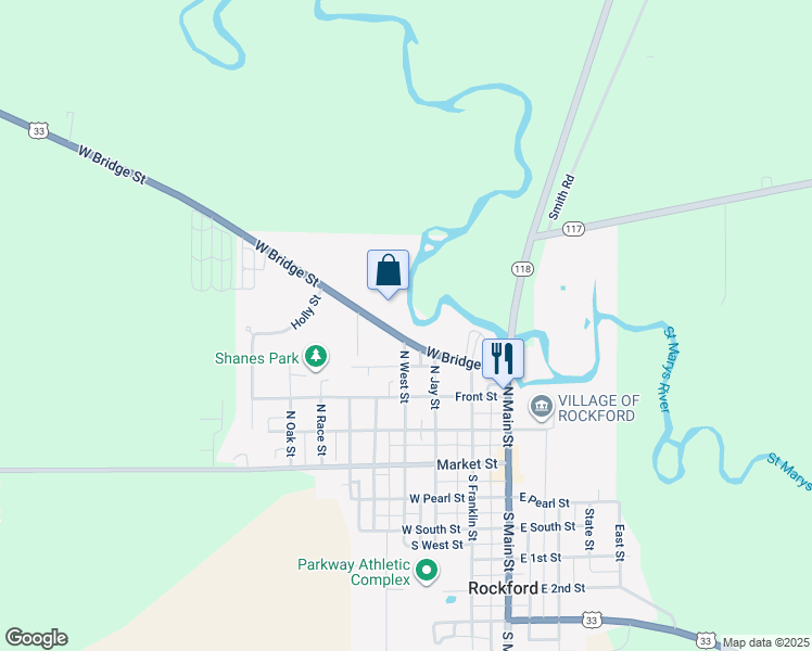 map of restaurants, bars, coffee shops, grocery stores, and more near 301 West Bridge Street in Rockford