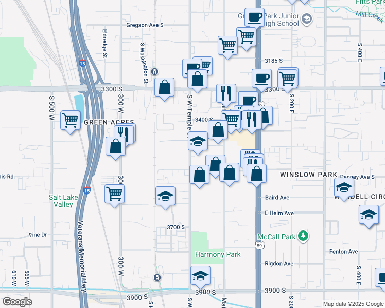 map of restaurants, bars, coffee shops, grocery stores, and more near 3516 South West Temple Street in South Salt Lake