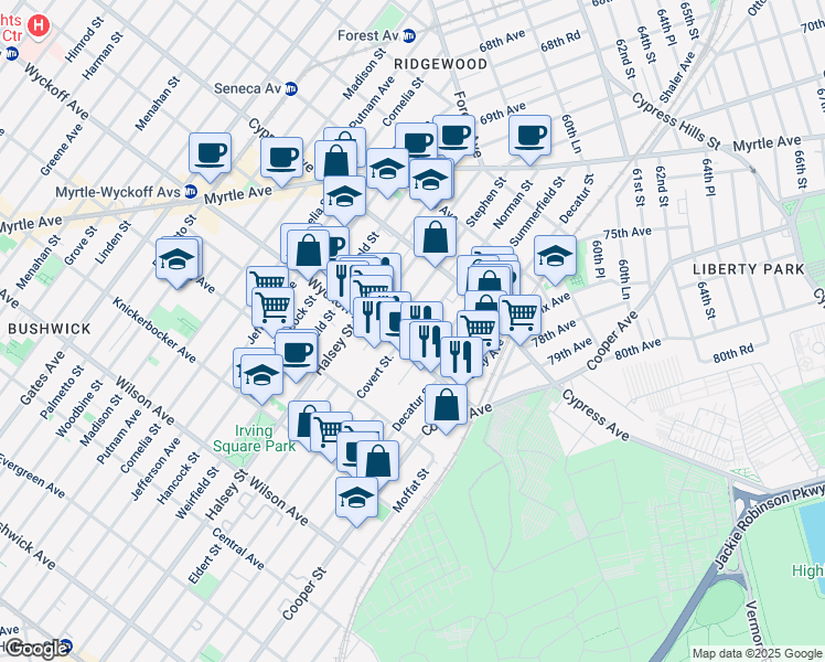 map of restaurants, bars, coffee shops, grocery stores, and more near 10-44 Wyckoff Avenue in Queens
