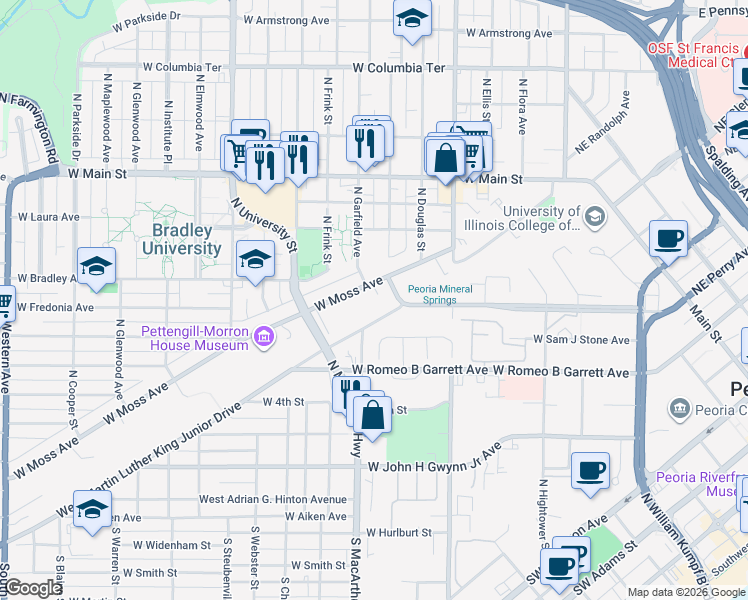 map of restaurants, bars, coffee shops, grocery stores, and more near 902 West Moss Avenue in Peoria