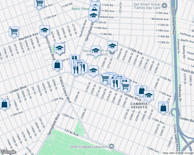 map of restaurants, bars, coffee shops, grocery stores, and more near 220-04 Linden Boulevard in Queens