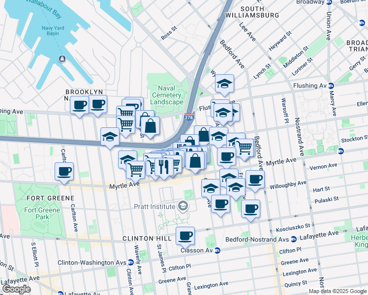 map of restaurants, bars, coffee shops, grocery stores, and more near 348 Park Avenue in Brooklyn