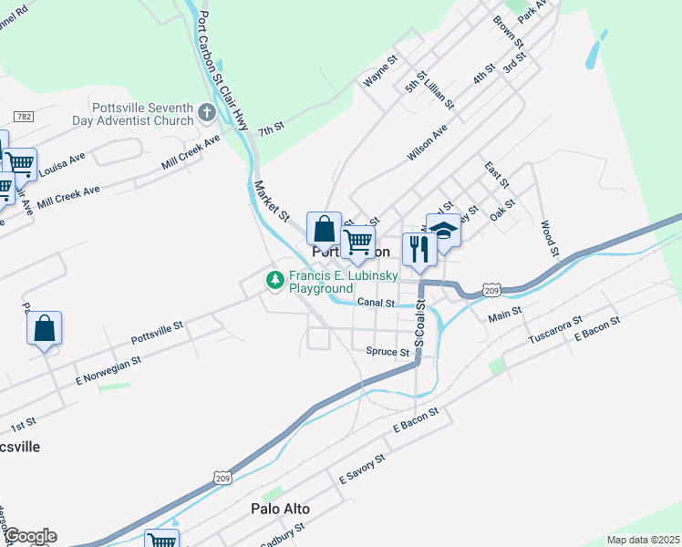 map of restaurants, bars, coffee shops, grocery stores, and more near 109 Market Street in Port Carbon