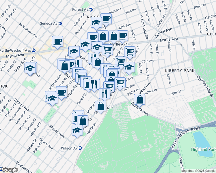 map of restaurants, bars, coffee shops, grocery stores, and more near 16-36 Decatur Street in Queens