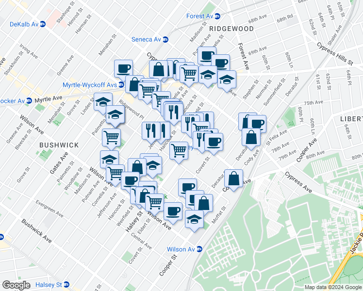 map of restaurants, bars, coffee shops, grocery stores, and more near in Brooklyn