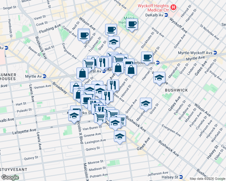 map of restaurants, bars, coffee shops, grocery stores, and more near 28 Stanhope Street in Brooklyn