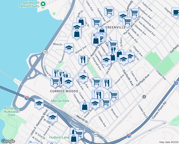 map of restaurants, bars, coffee shops, grocery stores, and more near 190 Neptune Avenue in Jersey City