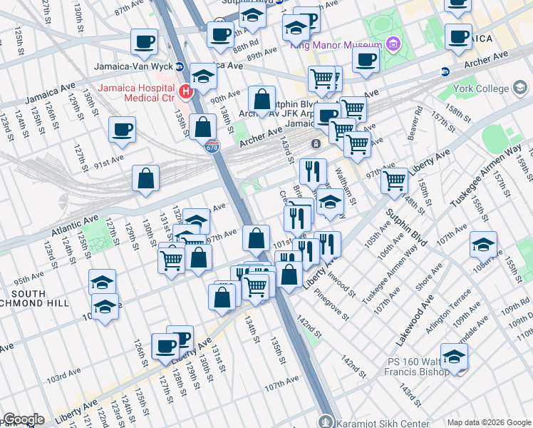 map of restaurants, bars, coffee shops, grocery stores, and more near 138-05 97th Avenue in Queens
