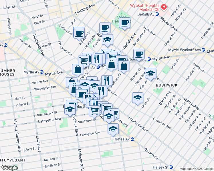 map of restaurants, bars, coffee shops, grocery stores, and more near 263 Evergreen Avenue in Brooklyn