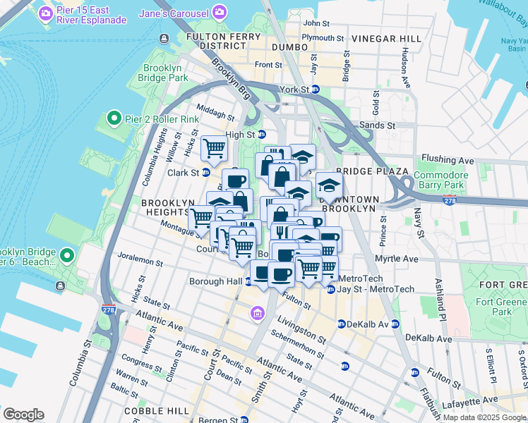 map of restaurants, bars, coffee shops, grocery stores, and more near 271 Cadman Plaza West in Brooklyn