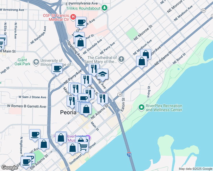 map of restaurants, bars, coffee shops, grocery stores, and more near 349-399 Spalding Avenue in Peoria