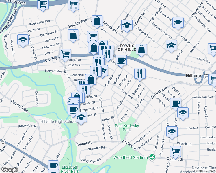 map of restaurants, bars, coffee shops, grocery stores, and more near 232 Boston Avenue in Hillside