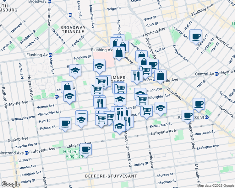 map of restaurants, bars, coffee shops, grocery stores, and more near 267 Vernon Avenue in Brooklyn