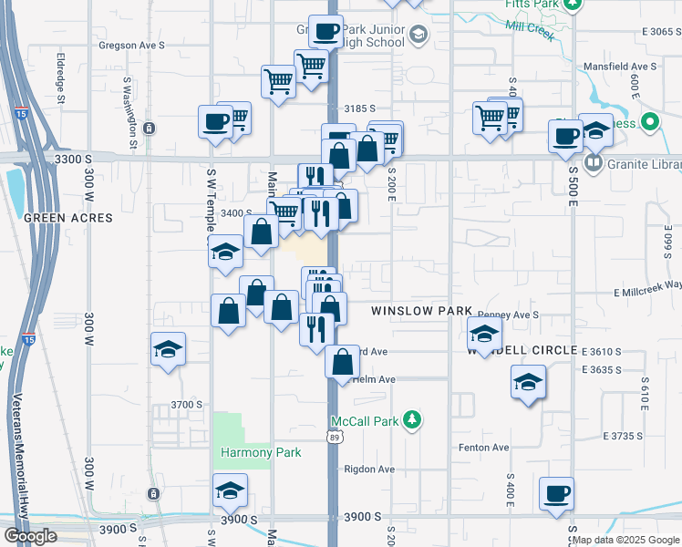 map of restaurants, bars, coffee shops, grocery stores, and more near 3461 South State Street in South Salt Lake