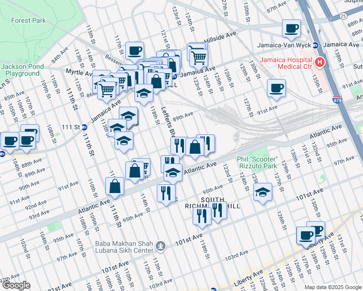 map of restaurants, bars, coffee shops, grocery stores, and more near 91-32 Lefferts Boulevard in Queens