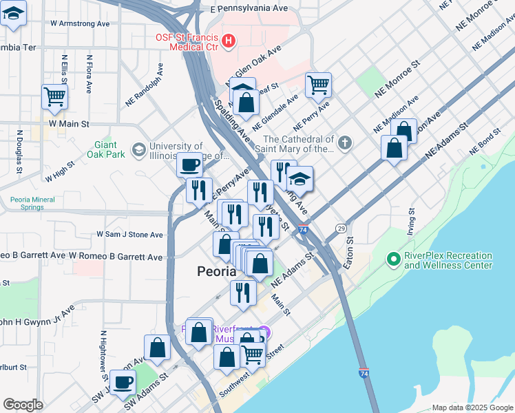 map of restaurants, bars, coffee shops, grocery stores, and more near 500 Hamilton Boulevard in Peoria