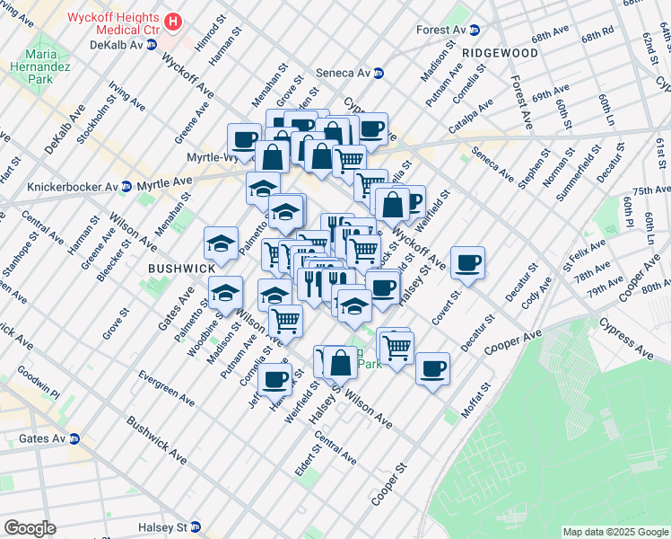map of restaurants, bars, coffee shops, grocery stores, and more near 1398 Jefferson Avenue in Brooklyn