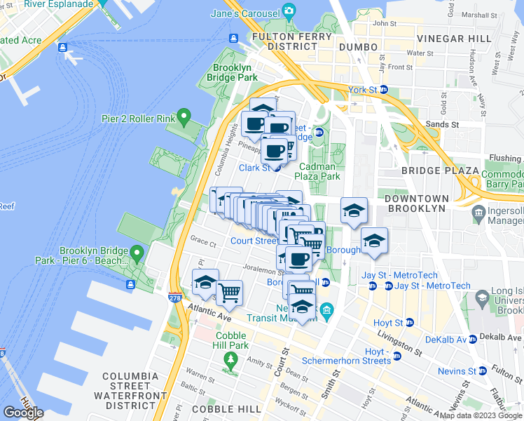 map of restaurants, bars, coffee shops, grocery stores, and more near 160 Henry Street in Brooklyn
