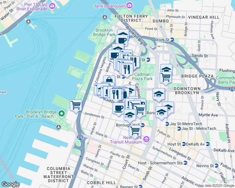 map of restaurants, bars, coffee shops, grocery stores, and more near 160 Henry Street in Brooklyn