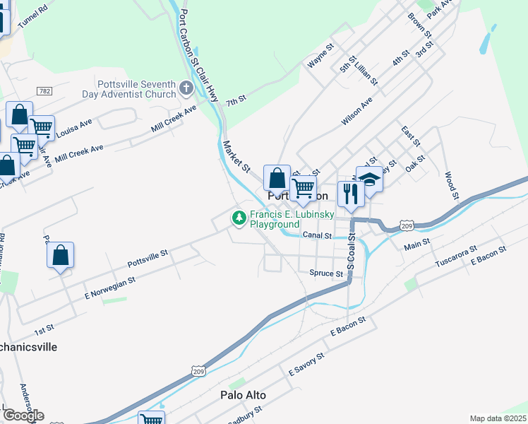map of restaurants, bars, coffee shops, grocery stores, and more near 13 Pottsville Street in Port Carbon