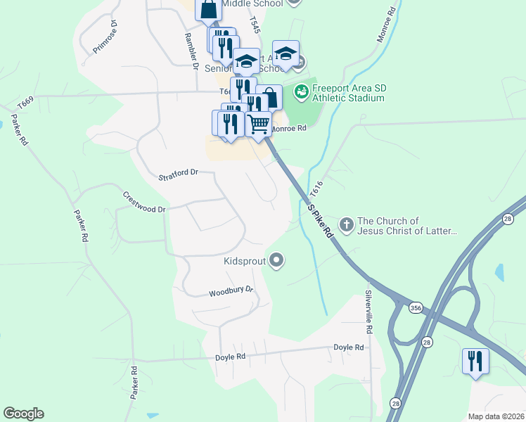map of restaurants, bars, coffee shops, grocery stores, and more near 140 Woodhaven Drive in Sarver