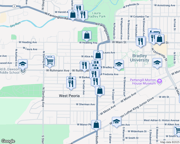 map of restaurants, bars, coffee shops, grocery stores, and more near 715 North Western Avenue in Peoria