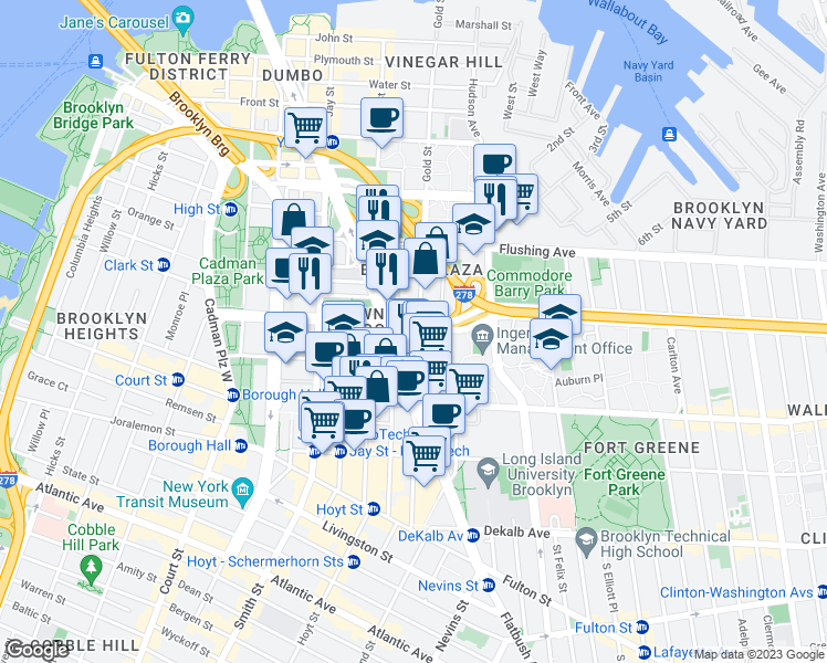 map of restaurants, bars, coffee shops, grocery stores, and more near 170 Tillary Street in Brooklyn