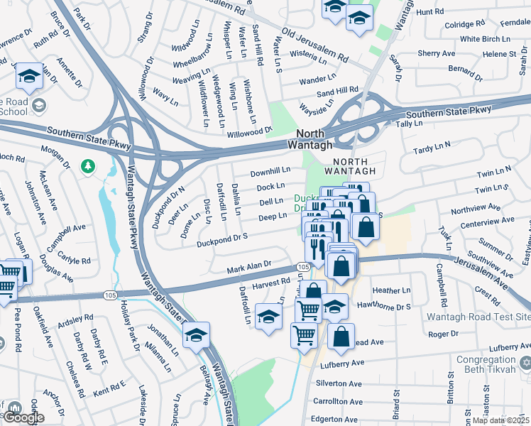 map of restaurants, bars, coffee shops, grocery stores, and more near 25 Dell Lane in Wantagh