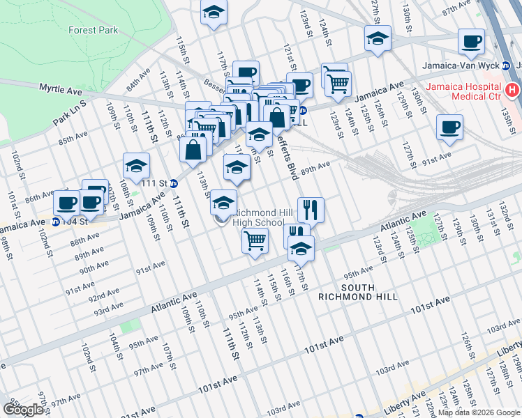 map of restaurants, bars, coffee shops, grocery stores, and more near in Queens