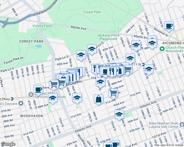 map of restaurants, bars, coffee shops, grocery stores, and more near 85-60 102nd Street in Queens