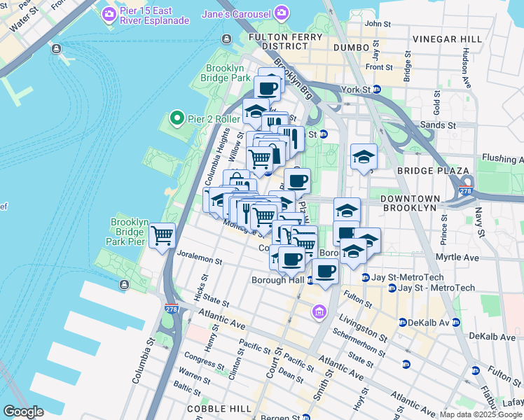 map of restaurants, bars, coffee shops, grocery stores, and more near 161 Henry Street in Brooklyn