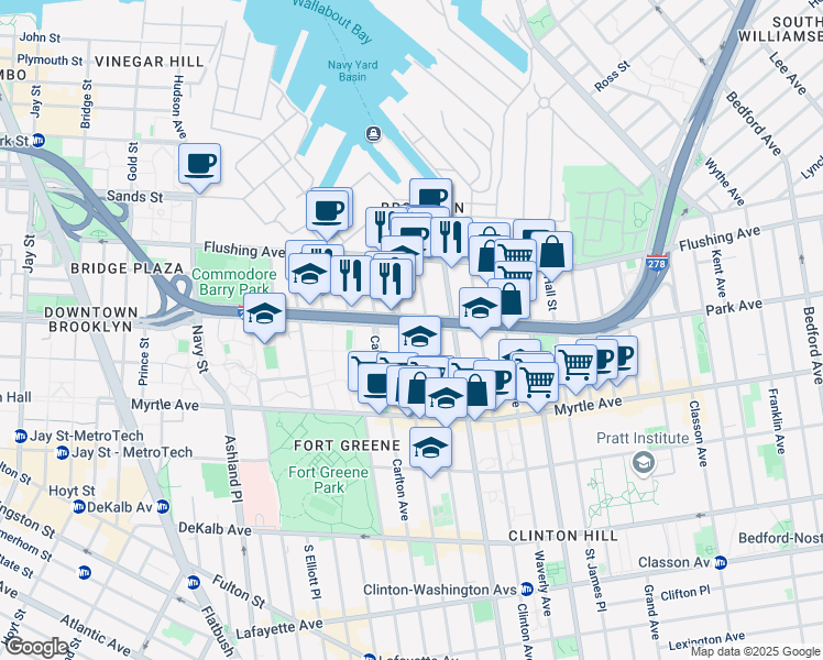 map of restaurants, bars, coffee shops, grocery stores, and more near 50 Adelphi Street in Brooklyn